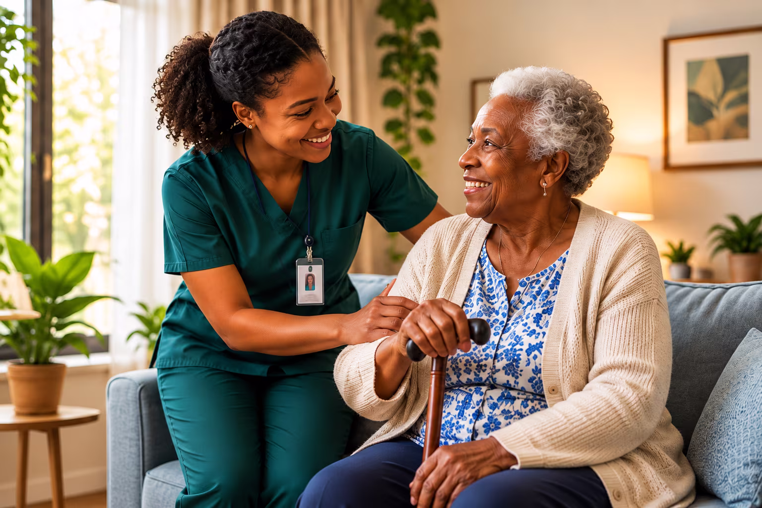 Home care professional assisting an elderly client